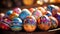 Panoramic close-up of colorfully decorated Easter eggs laid out on a wooden table