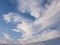 Panoramic cloudscape scene over the blue sky. Fluffy white clouds aerial composition. Misty overcast cumulus shapes, abstract