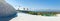 Panoramic collage with hot air ballons flying above snowy white Pamukkale in Turkey