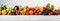 Panoramic collection fresh fruits and vegetables background. Side view. Generative AI