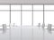 Panoramic conference room in modern office, copy space view from the windows. white leather chairs and a white table. 3D rendering