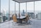 Panoramic conference room in modern office in New York City. Brown chairs and a black table.