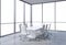 Panoramic corner conference room in modern office, copy space view from the windows. White chairs and a white table.