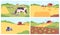 Panoramic countryside. Rural landscape panorama of summer farmland fields, tractor village hay field, village cow at