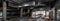 Panoramic dark photo of automobiles. Car bodies are on assembly line. Factory for production of cars. Modern automotive
