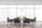 Panoramic dining room interior with gray chairs