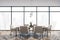 Panoramic dining room interior with white chairs