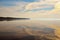 Panoramic dramatic sunset sky. Clouds reflected in the Dnieper River near the Kyiv city, Ukraine. Concept of landscape and nature