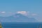 Panoramic early morning view of cloud covered holy Mount Athos from Fava sand beach, Vourvourou, peninsula Sithonia, Greece