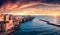 Panoramic evening cityscape of Vieste - coastal town in Gargano National Park, Italy, Europe. Colorful summer sunset on Adriatic s