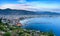 Panoramic evening view of the bay of the Mediterranean Sea and cityscape with the old historic tower, Alanya, Turkey