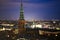 Panoramic evening view of Copenhagen from the tower of Christiansborg Palace. Copenhagen, Denmark. February 2020