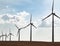 Panoramic of a field of wind mills. Renewable energy, windmills