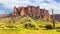 Panoramic of Flatiron in Lost Dutchman with Jumping Cholla, Saguaro, and Yellow Brittlebush