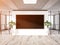 Panoramic frame Mockup hanging on office wall. Mock up of a large billboard in modern wooden company interior 3D rendering