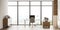 Panoramic front view of beige office with sideboard, desk and bookshelf