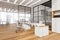 Panoramic glass CEO office area of workspace with white furniture