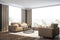 Panoramic gray living room corner, beige sofa