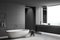 Panoramic grey bathroom with vanity in window niche