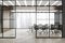 Panoramic grey conference room with framed glass wall partitions