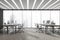 Panoramic grey office interior with two combined office desks