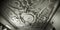 Panoramic greyscale low angle shot of the ceiling of a historic building in Slovenia