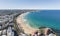 Panoramic high angle aerial drone shot of famous Manly Beach, a beach-side suburb of northern Sydney