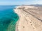 Panoramic high angle aerial drone view of Corralejo National Park Parque Natural de Corralejo with sand dunes