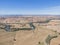 Panoramic high angle aerial drone view of rural New South Wales, Australia, near the town of Gundagai on a sunny day.