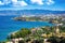 Panoramic high point view of the picturesque gulf of Mirambello, with the island of Agioi Pantes and the town of Agios Nikolaos.