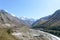 Panoramic Himalayas Highland Islands Mountain valley, panorama of city Sangla Valley, Chitkul village, from the hiking trail in