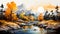 panoramic illustration of a misty autumn morning in the mountains, with golden trees and a glimpse of distant peaks