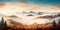 panoramic illustration of a misty autumn morning in the mountains, with golden trees and a glimpse of distant peaks
