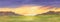 Panoramic illustration of sunset over grass field. Watercolor handmade drawing