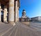 Panoramic image of Gendarmenmarkt square in Berlin with French church from the steps of Concert Hall