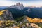 Panoramic image of Italian Dolomites with famous peaks and chalets, South Tyrol, Italy, Europe at summer sunset. Awesome