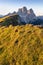 Panoramic image of Italian Dolomites with famous peaks and chalets, South Tyrol, Italy, Europe at summer sunset. Awesome