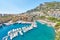 Panoramic image of Port Fontvieille - Monaco, top view from Monaco Ville, azur water, sun reflections on the water