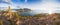 Panoramic image shot from the top of the Hoven mountain at midnight, GimsÃ¸ya island, Lofoten, Norway