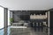 Panoramic kitchen space with sofa and bar, dark grey