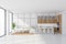 Panoramic kitchen space with sofa and bar stools, white