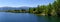 Panoramic lake landscape in the mountains with trees and green vegetation