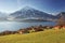 Panoramic lakeview in Swiss mountains near the Thun lake in winter