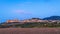 Panoramic landscape. Assisi Italy Basilica of St. Francis at sunset. Sunset amazing view