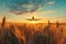 Panoramic landscape with fields and plane flying in clouds. Spring and summer meadow on sunset with airplane on sky