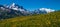 Panoramic landscape of green hills with flowers in charamillon gondola alps in Haute Savoie, France