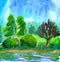 Panoramic landscape of green trees, blue sky and bank of river. Hand drawn watercolor sketch. Summer or spring. Windy weather.