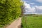 Panoramic landscape with hiking trail, springtime, Bergisches Land, Germany