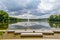 Panoramic landscape of Lake Echternach with waterjet from a fountain