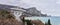 Panoramic landscape with large astronomical radio telescope on the seashore